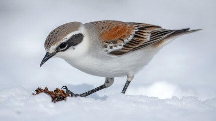 Fototapeta premium Colorful small bird with brown and white feathers perched on a snowy surface, enjoying some food from a feeder.