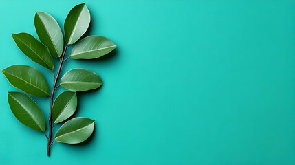 Green leaves branch, teal background, nature, eco design
