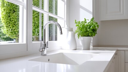 Bright Modern Kitchen Sink with Fresh Green Plant by Window