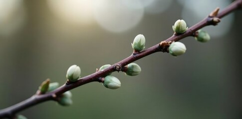 A row of small gray buds along a slender willow twig, buds, nature