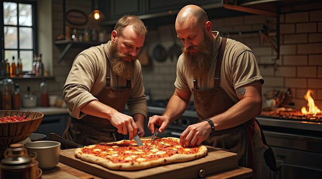  Two professional male chefs with beards preparing artisanal pizza in a rustic kitchen