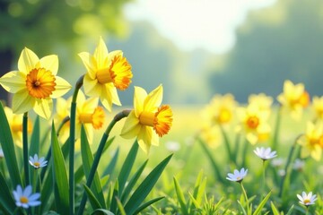 Obraz premium Colorful watercolor daffodils in a field setting, watercolor, floral, bright flowers