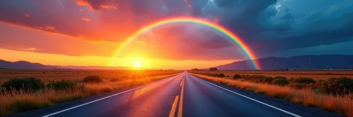 Gardinen Colorful arc of rainbow over a single lane road at sunset, scenery, asphalt, nature © retirementfun