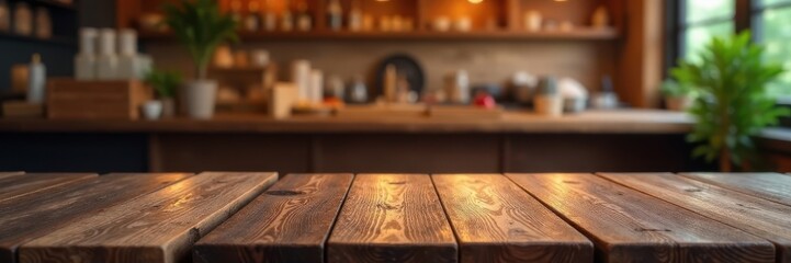 Rustic wood tabletop, blurred restaurant glow, surface, bokeh, illuminated
