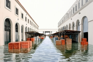 Watercolor artwork of flooded market with empty stalls and crates, showcasing serene yet somber atmosphere
