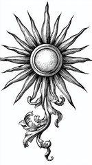 Vintage sunburst engraving with intricate details and central circle