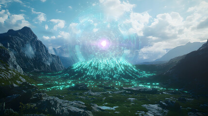 with holographic data streams and a glowing AI core at the center 