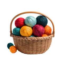 Colorful yarn balls in a woven basket.