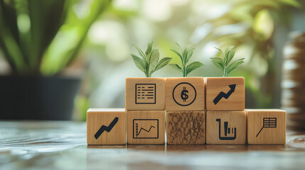 Wooden blocks with financial symbols and small plants represent income tax management and growth. image conveys sense of financial planning and sustainability