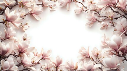 Obraz premium Elegant magnolia flowers frame a serene white background, capturing a sense of tranquility and beauty. Perfect for spring or floral-themed designs.