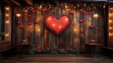 A heart-themed photo backdrop in a Valentines banquet room