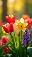 Fototapeta premium Vibrant tulips, daffodils, and hyacinths bloom in sunlight , joyful, green