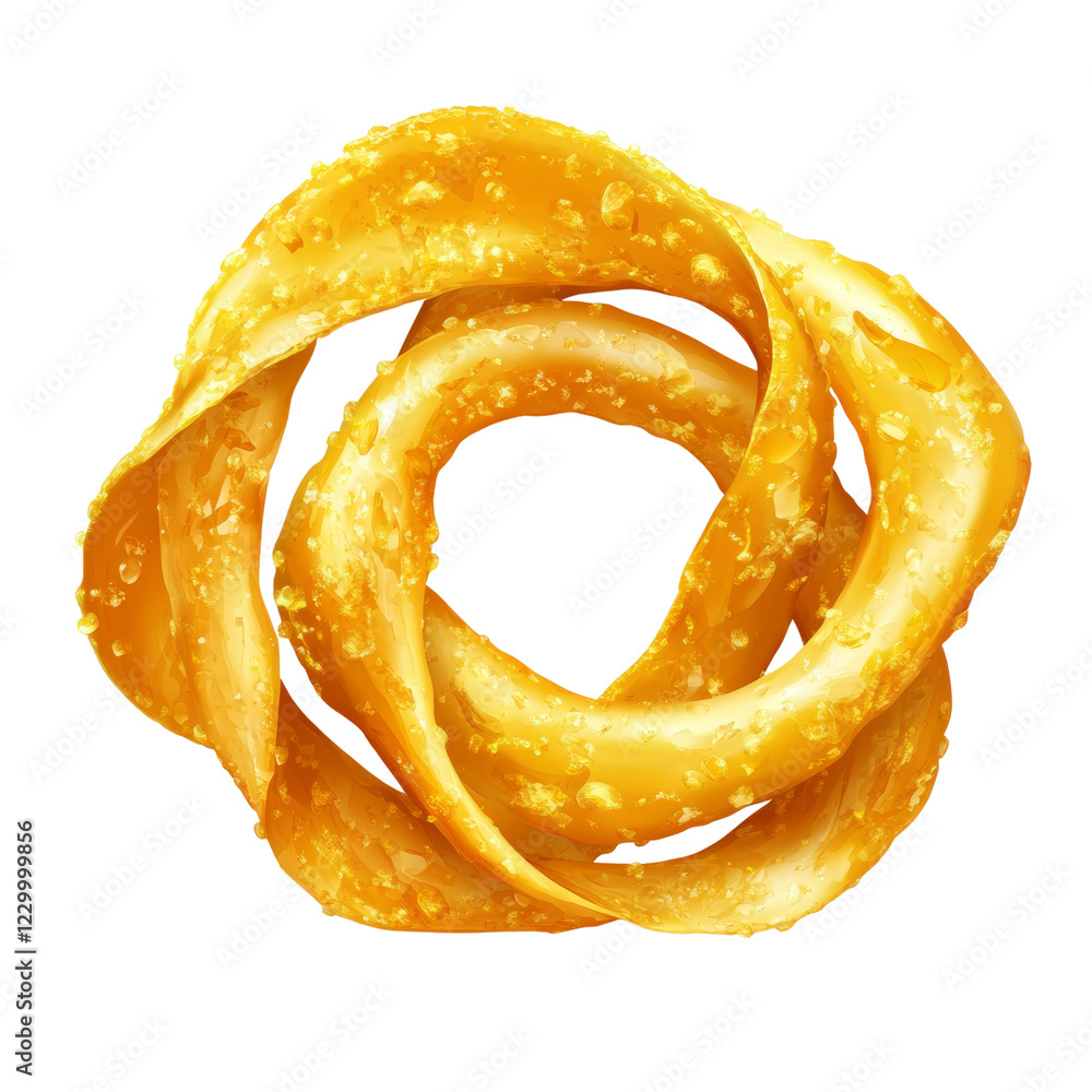 Poster A digitally created image showcasing a dynamic swirl of golden liquid forming a circular shape with droplets visible on its surface.