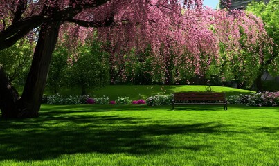Spring park bench under cherry blossom tree, sunny day, cityscape background; ideal for relaxation, peace, tranquility