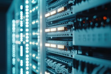 A computer server rack with LED lights illuminating the electronic equipment, signifying data center technology and infrastructure.