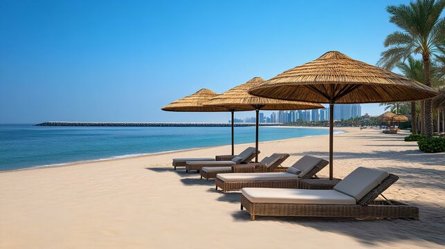 Tranquil tropical beach with straw parasols and sun loungers, crystal clear sea, palm trees, and distant urban skyline under a vibrant blue sky.