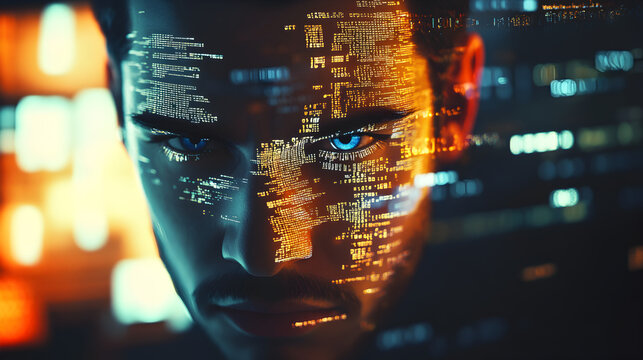 made of pixels and binary code emerging from a futuristic background 