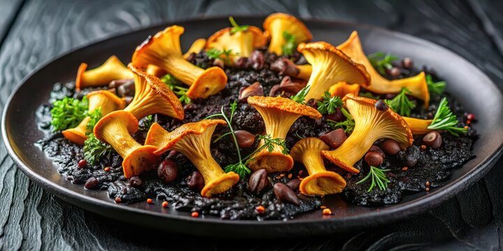Fresh girolles mushrooms seared to perfection on a bed of black rice, with a hint of herbal aroma and a touch of citrus zest , appetizer, mushroom varieties