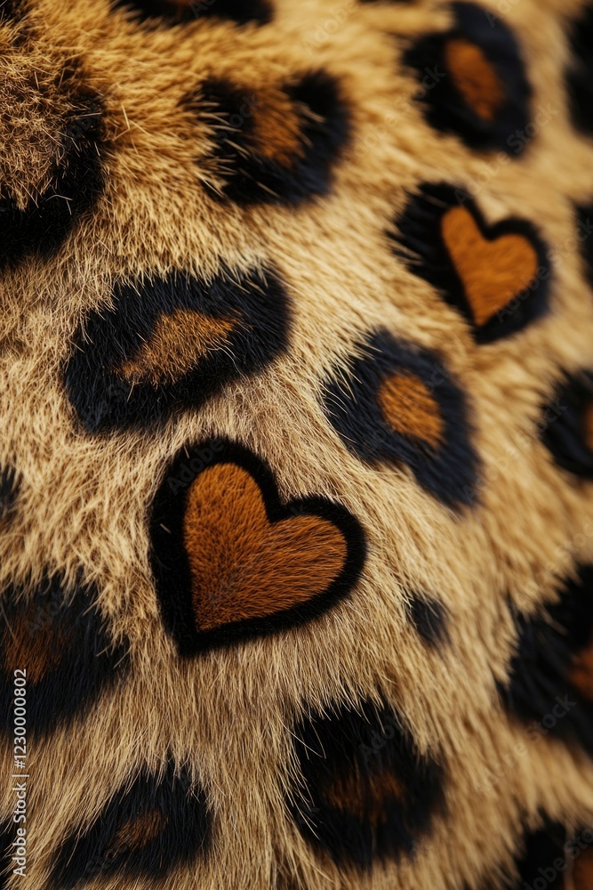 Poster a close-up of a leopard print material adorned with heart shapes, showcasing the texture and unique 