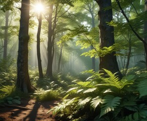 Obraz premium Forest undergrowth with sunlight filtering through leaves, sunlight, canopy, organic