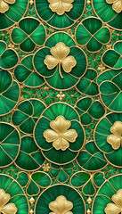 Abstract emerald green mosaic of shamrocks and gold details, glowing softly, perfect for St. Patrick’s Day designs.