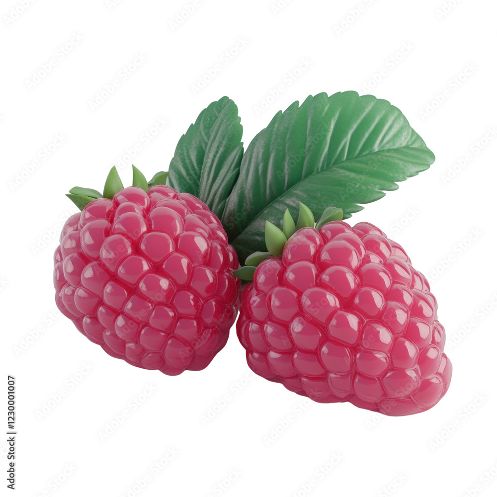 Poster a close up image shows two glossy red raspberries with vibrant green leaves against a black backgrou