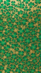Abstract emerald green mosaic of shamrocks and gold details, glowing softly, perfect for St. Patrick’s Day designs.