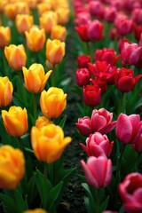 Obraz premium Four tulip squares in a triangular formation within the meadow, flowers field, triangular shape