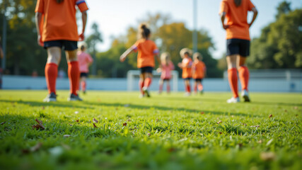 Obraz premium A vibrant scene of young female soccer players wearing orange jerseys practicing on a lush green field.