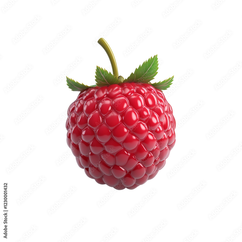 Poster a single ripe raspberry with green leaves is shown against a black background in a close up shot.