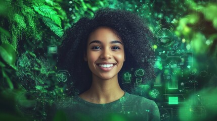 Smiling woman surrounded by nature and technology themed graphics with green tones