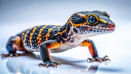 Obraz premium Black Night Leopard Gecko on White, Urban Exploration Style Photography
