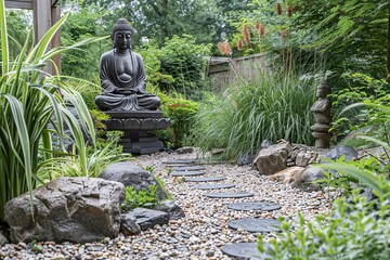 Obraz premium A beautifully designed garden path leads to a tranquil Buddha statue amidst vibrant plants and decorative stones. The setting creates a peaceful and contemplative atmosphere in nature