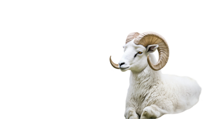 Majestic White Ram With Large Curled Horns Sitting Against A Bla