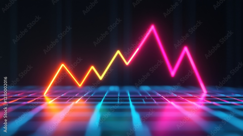 Poster a vibrant, neon line graph shows fluctuations in data against a dark grid background, symbolizing tr