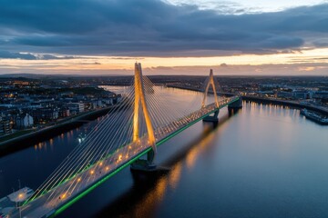 A beautiful aerial view of a striking bridge glowing at sunset, beautifully reflecting in the water, showcasing urban landscape and the beauty of architecture during twilight.