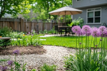 Backyard garden path, flowers, patio, summer