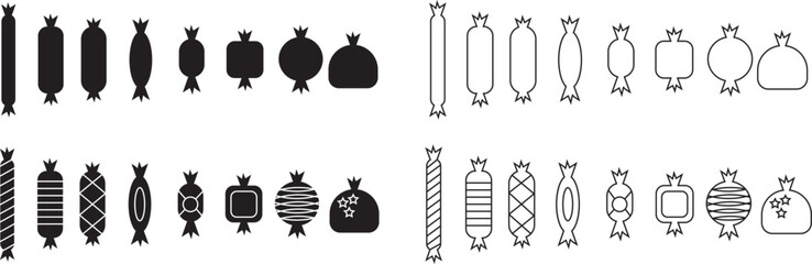 Sweets and candy icon set. Chocolate bars, caramel, toffee and lollipop on sticks, marmalade bears. Confectionery shop elements for birthday kids present cartoon flat isolated vector collection.