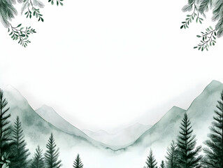 Misty mountain landscape, green foliage frame, nature invitation