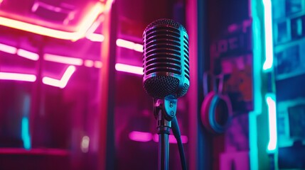 Vibrant hues of pink and blue illuminate a classic microphone alongside sleek headphones, creating an inviting atmosphere perfect for music and creativity