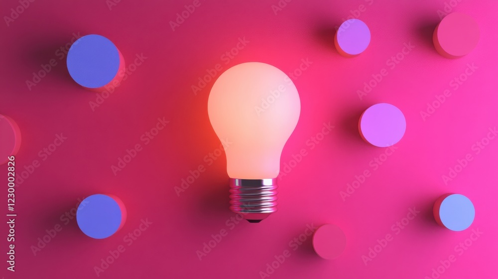 Poster a glowing light bulb against a vibrant pink background with colorful circular shapes, creating a mod