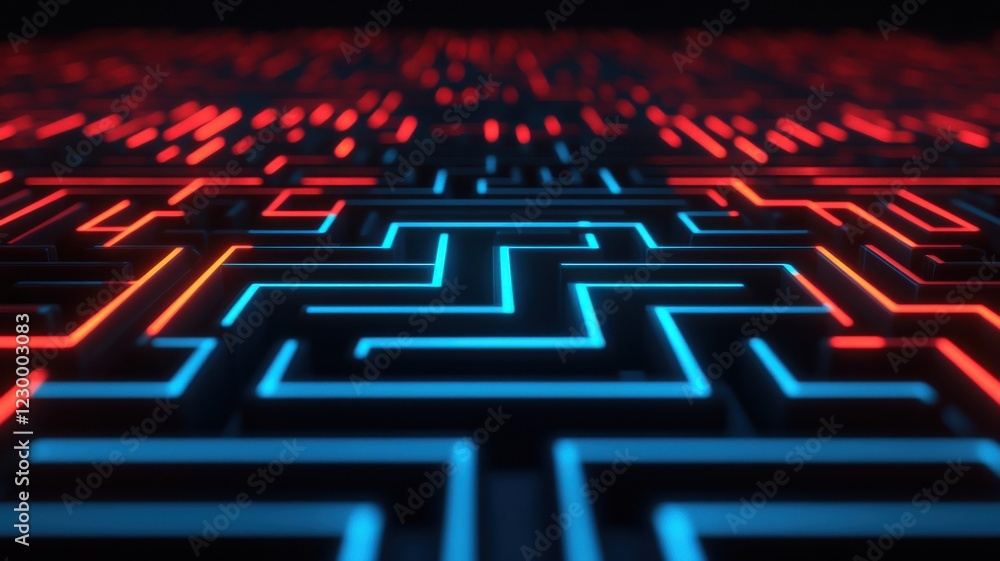 Poster a vibrant digital maze with glowing blue and red lines, creating a futuristic and abstract pattern.