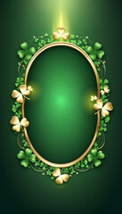 A decorative oval frame with golden borders and green shamrocks on a dark green background. The glowing accents add a festive and luxurious touch, perfect for St. Patrick's Day designs.