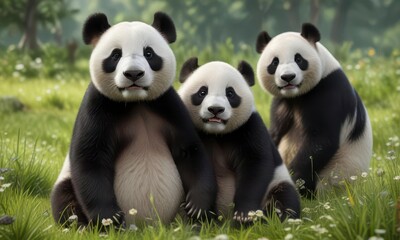 Obraz premium Group of adorable pandas playing together in a meadow, cute animals, outdoor, friendship