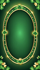 A decorative oval frame with golden borders and green shamrocks on a dark green background. The glowing accents add a festive and luxurious touch, perfect for St. Patrick's Day designs.