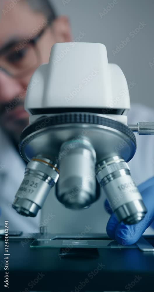 Wall mural scientist is meticulously examining biological sample through an advanced hightech microscope device