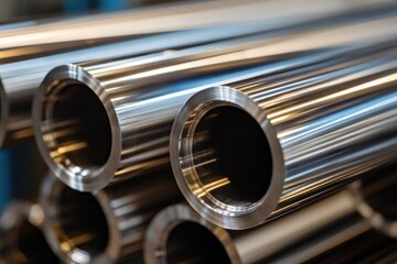 Naklejka premium A stack of metal pipes with a shiny, reflective surface. The pipes are arranged in a neat stack, and their shiny appearance suggests that they are new or recently manufactured