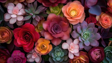 Fototapeta premium Vibrant Succulent and Rose Arrangement Showcasing a Stunning Array of Colors and Textures in a Beautiful Floral Display