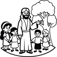 vector mascot jesus with children in the park on white background