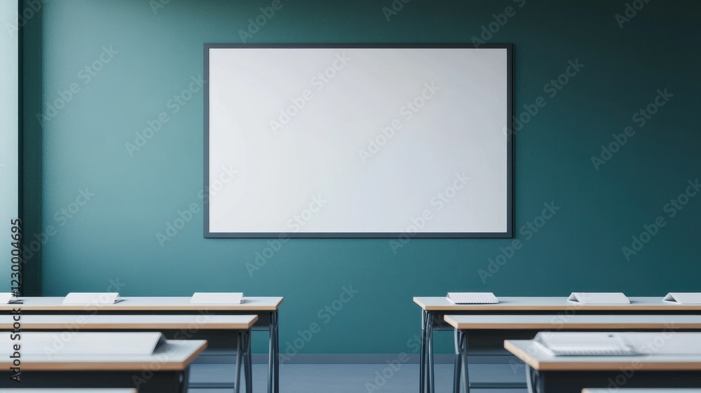 Aufkleber a modern classroom featuring empty desks and a blank whiteboard against a teal wall, creating a clea